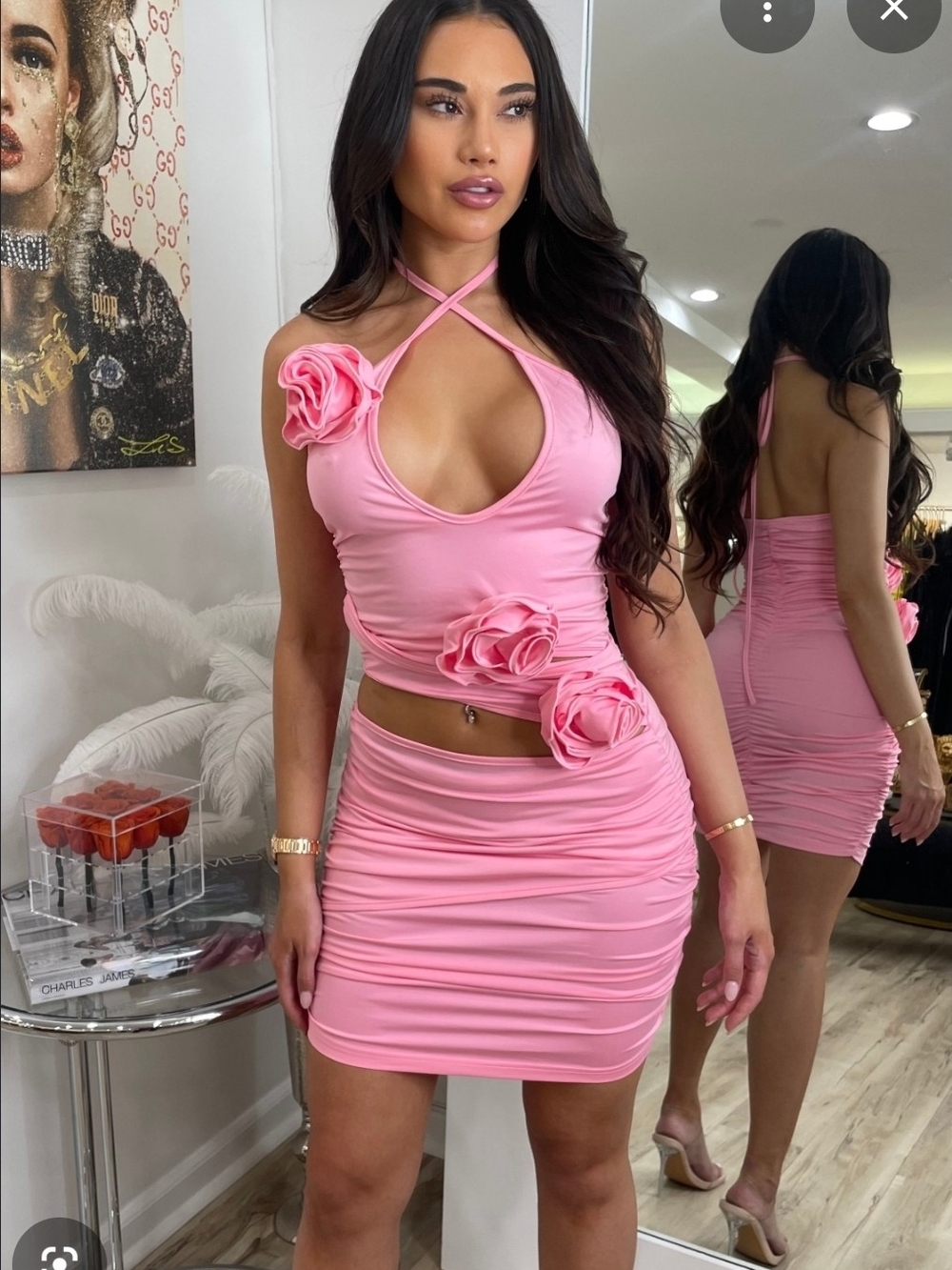 Jessica Bara Pink Ruched Two-Piece Dress with Floral Appliqués